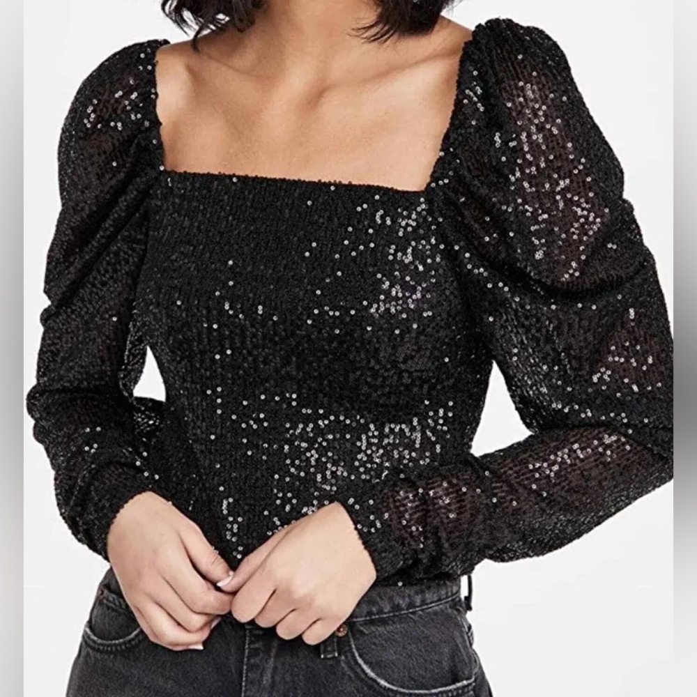 Ramy Brook Black Sequin Long Puff Sleeve Square Neck 4 Zip Back Whimsigoth NWT!!